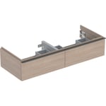 Mueble bajo Geberit iCon para lavabo de dos senos, con dos cajones: Ancho de lavabo=120cm, H=24.7cm, Cuerpo y frontal: encina/melamina con textura de madera, Tirador: lava/con pintura polvo al horno mate